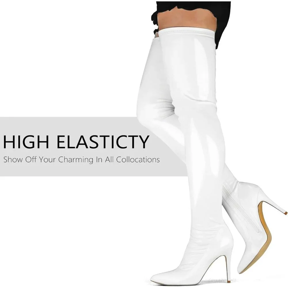 Women White Patent pu Side Zipper Stiletto High Heel Over The Knee Comfy Boots